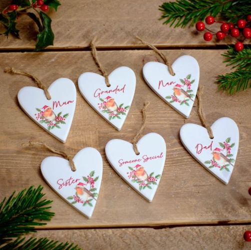 Ceramic Heart Festive Robin Hanger, family designs