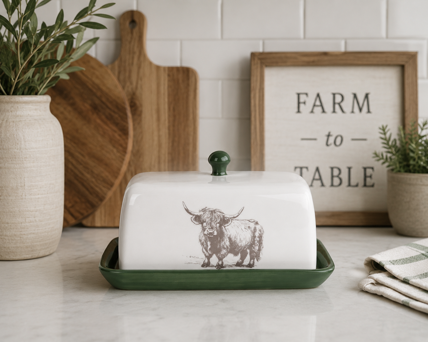 Highland Cow Butter Dish, Green