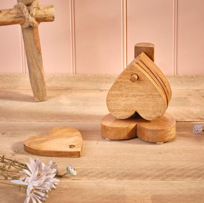 Mango Heart Wood Coaster with stand, set 6