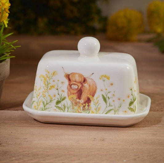 Highland Cow Floral Butter Dish