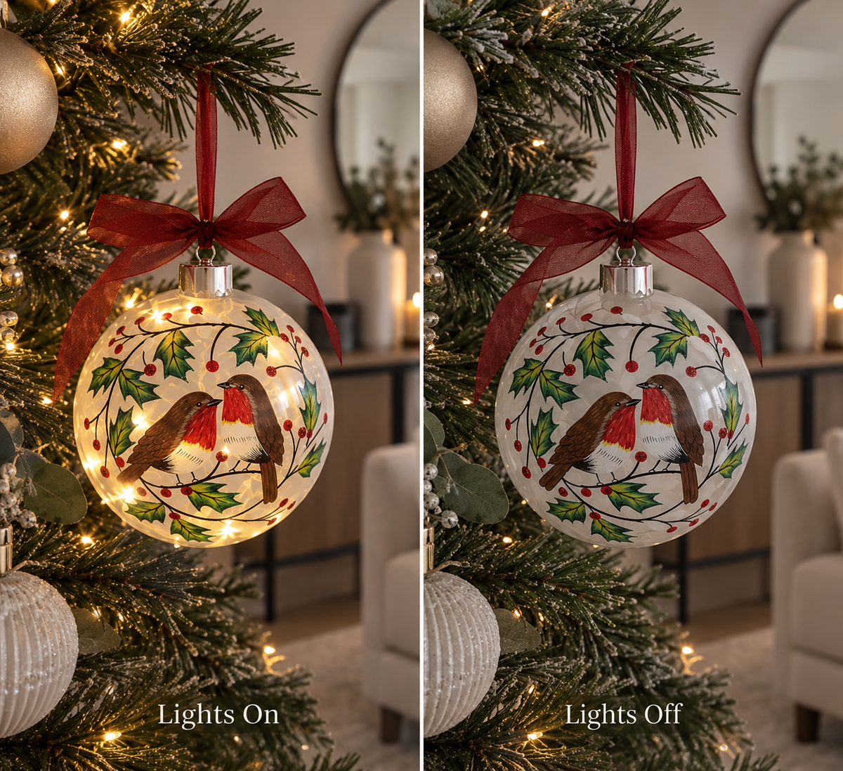 Holly Wreath, Robin, LED Bauble - GIFT BOXED