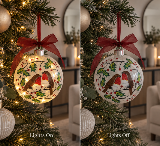 Holly Wreath, Robin, LED Bauble - GIFT BOXED