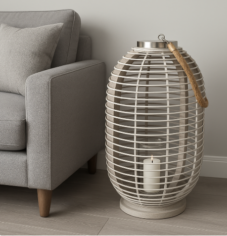 Greywash Rattan Lantern, 57cm