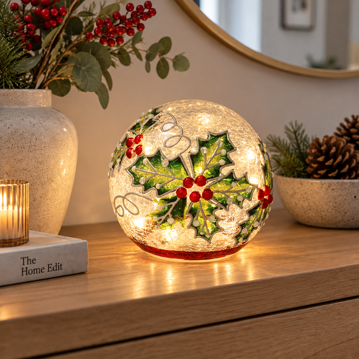 LED Holly Crackle Ball, 12cm