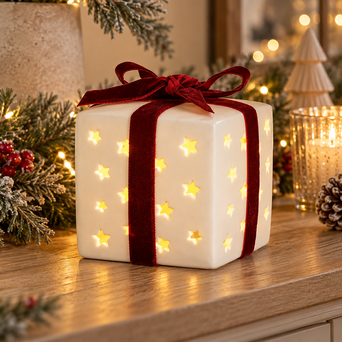 White Ceramic LED Present with Velvet Red Bow