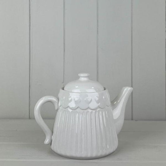 White Ribbed Ceramic Teapot with Heart Pattern