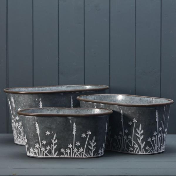 Set of Three Meadow Oval Zinc Planters