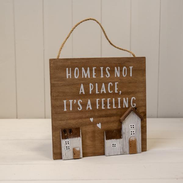 Wooden Home Sign 'Home is Not a Place it's a Feeling' with hearts and stand out Houses  L20xW1.9xH2