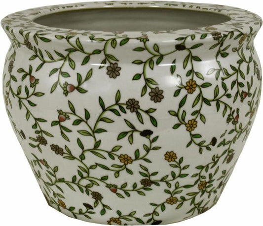 Ceramic Planter  Vintage Green & White Floral Design