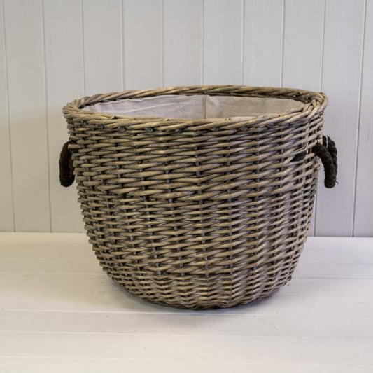Willow Log Basket with Hessian Liner and Rope Handles TD48cm H36cm