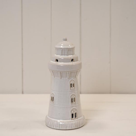 Glazed Ceramic Lighthouse with LED Ornament with Textured Detail L8.9xW8.9xH19.3cm