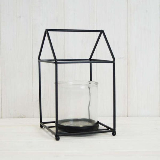 Black house shape lantern with glass insert :13.3 x W13.3 x H23.3 cm