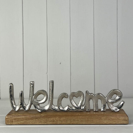 Metal Welcome on Wooden Base