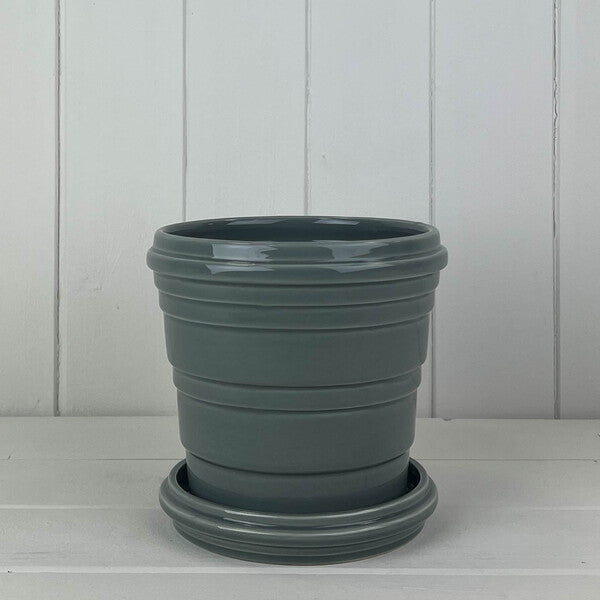 Grey Ribbed Ceramic Pot and Saucer D16cm H14.5cm  Weight-870g