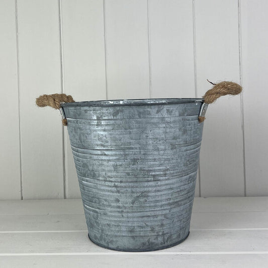 Ribbed Zinc bucket with Hessian Ears TD18cm H16cm B14cm