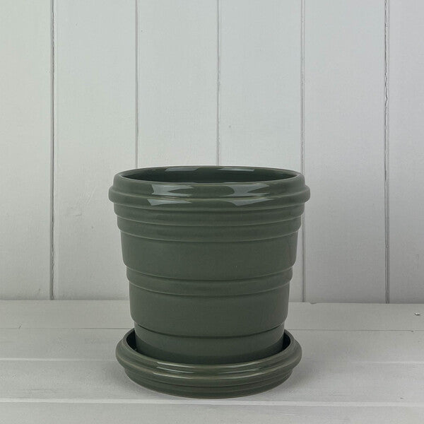 Sage Ribbed Ceramic Pot and Saucer D16cm H14.5cm  Weight-870g