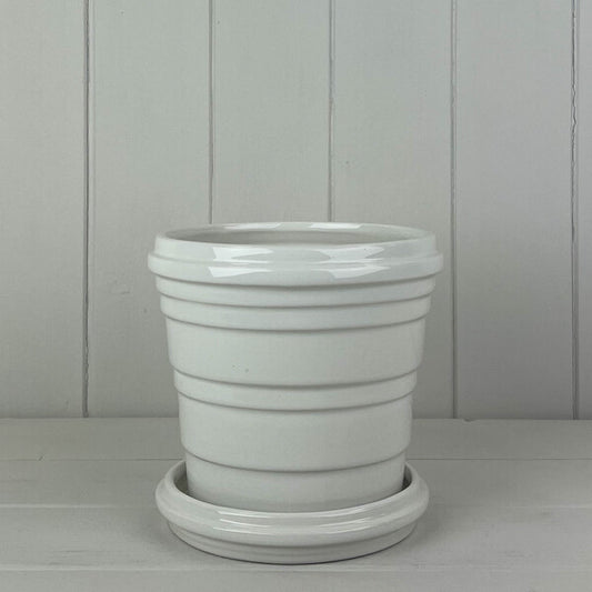 White Ribbed Ceramic Pot and Saucer D16cm H14.5cm  Weight-870g