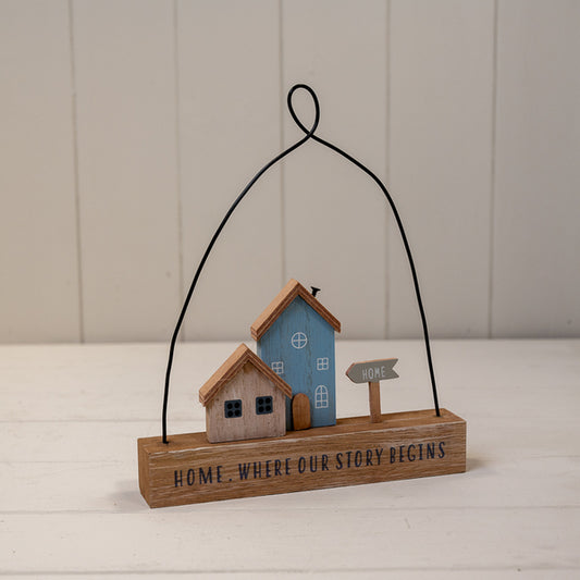 Wooden Hanging Blue and Neutral Double House 'Home  Where Our Story Begins' SignL18xW3xH22cm Weight