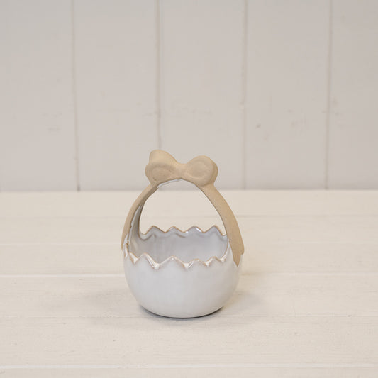 Ceramic Easter Egg Basket White Glazed with Unglazed Bow Handle 9.7cm x 8.8cm x 12.3cm