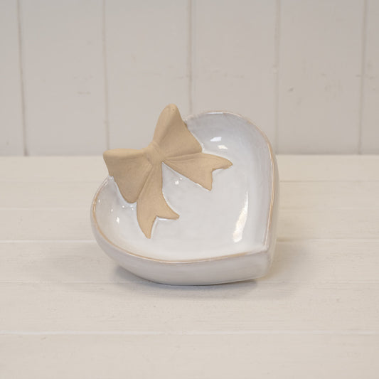 Heart Shaped Shallow Dish with Unglazed Bow Design Small 12.2cm x 11.5cm x 4.7cm
