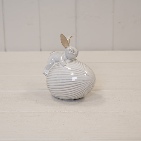 Ceramic White Rabbit on Egg Easter Decoration 9.1cm x 6.8cm x 11.6