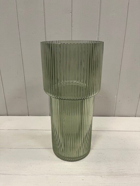 Vintage green Tall Glass Ribbed Vase 14cm x 29.5cm 11cm