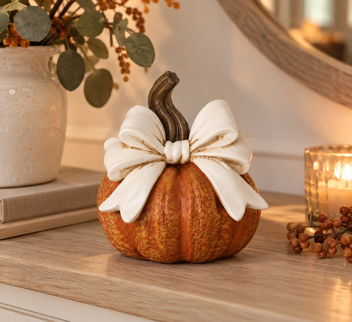 Orange Pumpkin with Large Cream Bow