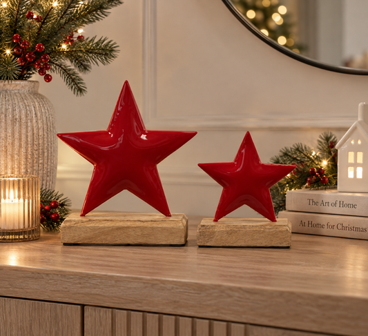 Red Metal Star on wood base, 2 sizes