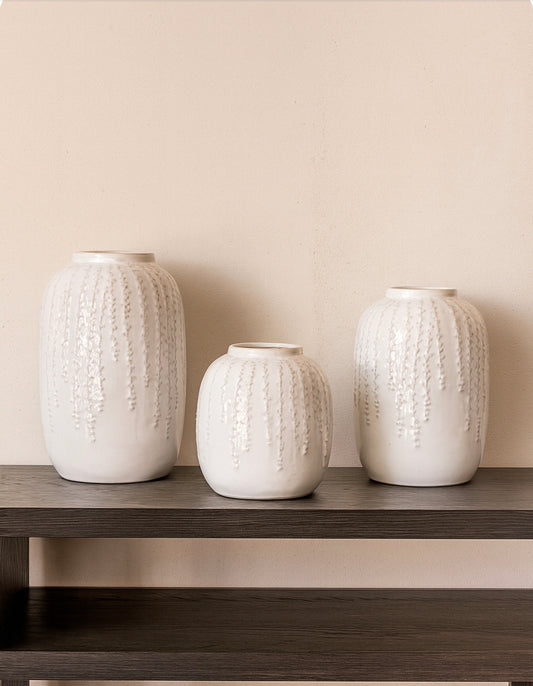Cream Ceramic Ribbed Vase, 3 sizes