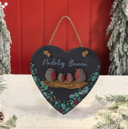 Welsh Christmas Robin Pebble Slate Hanger