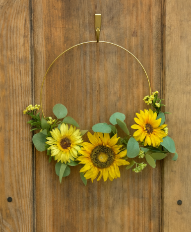 Artificial Sunflower wreath on gold hoop, 40cm