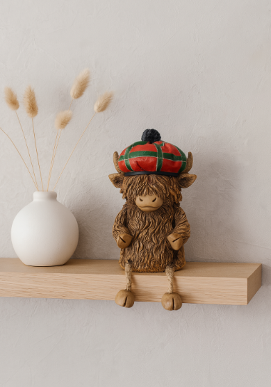Shelf Sitting Highland Cow, Tartan Hat