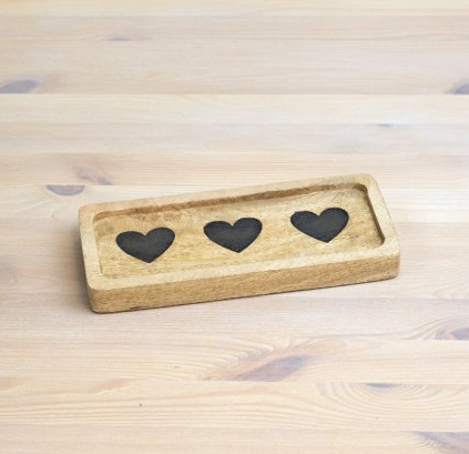 Wood Tray With Black Hearts, 23cm