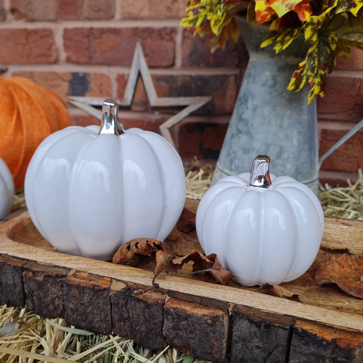 White Ceramic Pumpkin, Silver Stem, 2 sizes