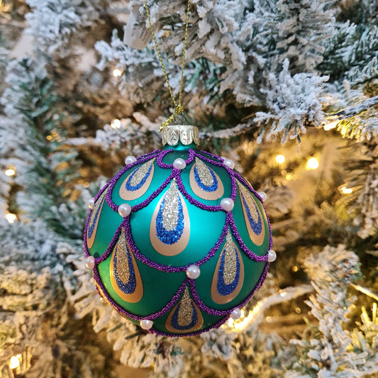 Glass Peacock Glitter Bauble