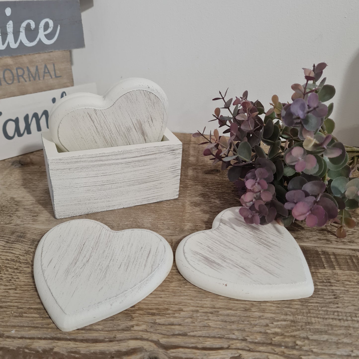 Rustic White Heart Coaster Set