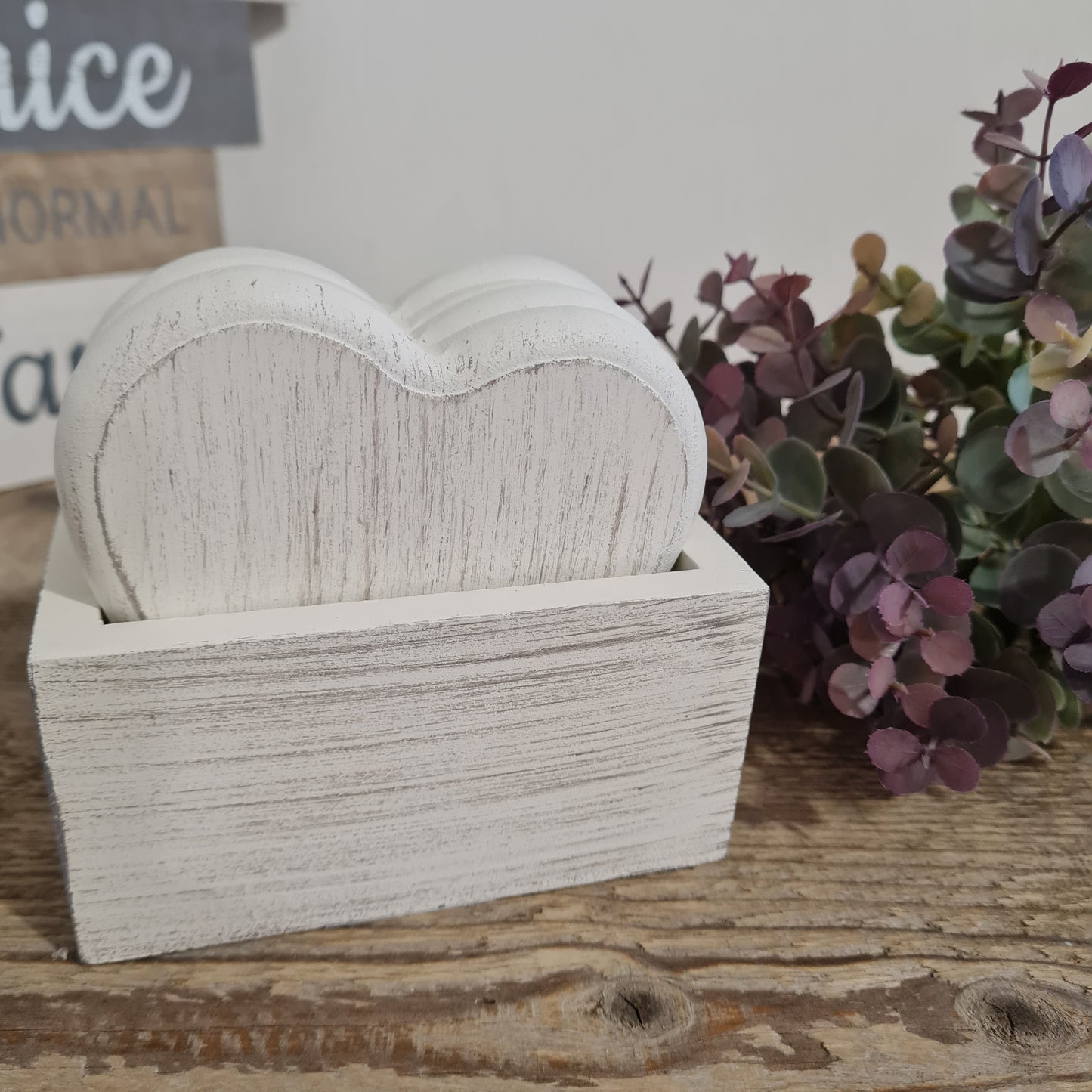 Rustic White Heart Coaster Set