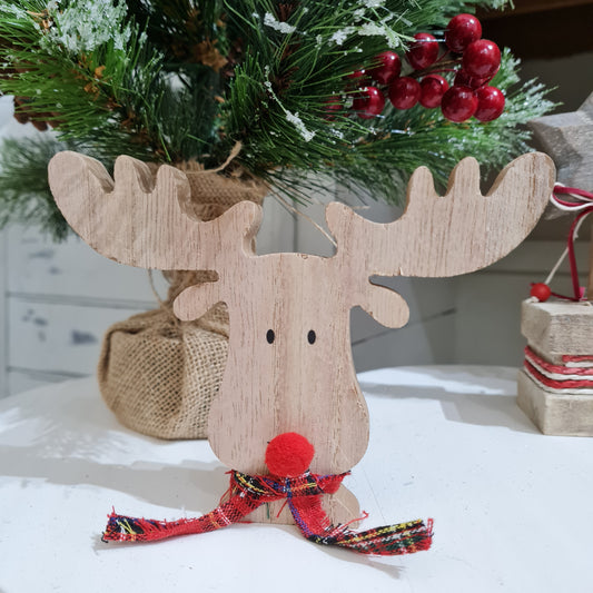 Wooden reindeer with Tartan Scarf