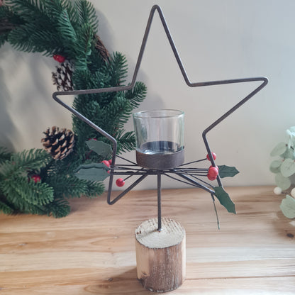 Metal Standing Star Holly T-Light Holder