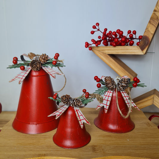 Red Metal Tartan Bow Bell, 3 sizes