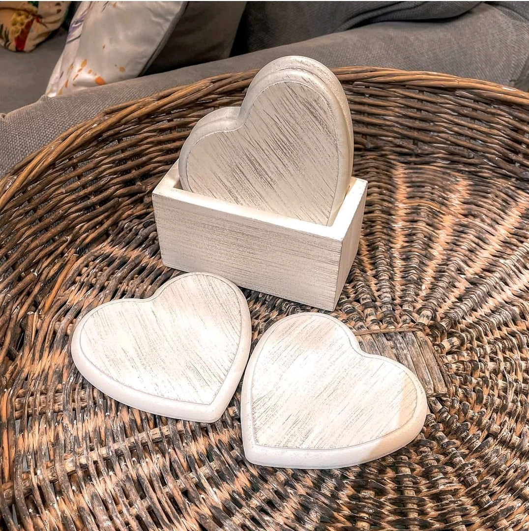 Rustic White Heart Coaster Set